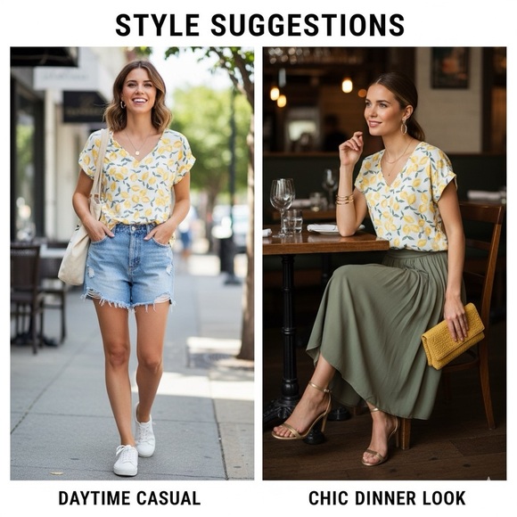 Pink Rose Lemon Print Blouse V-Neck Cuffed Sleeve Yellow Tunic Top Large L - Picture 1 of 9